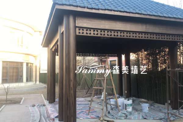 天津北辰區云鼎花園水泥涼亭仿木紋漆施工